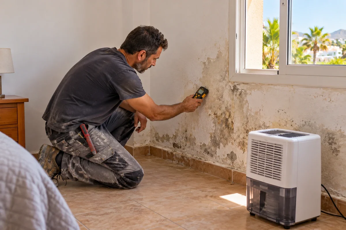 Moisture-meter inspection of damp wall
