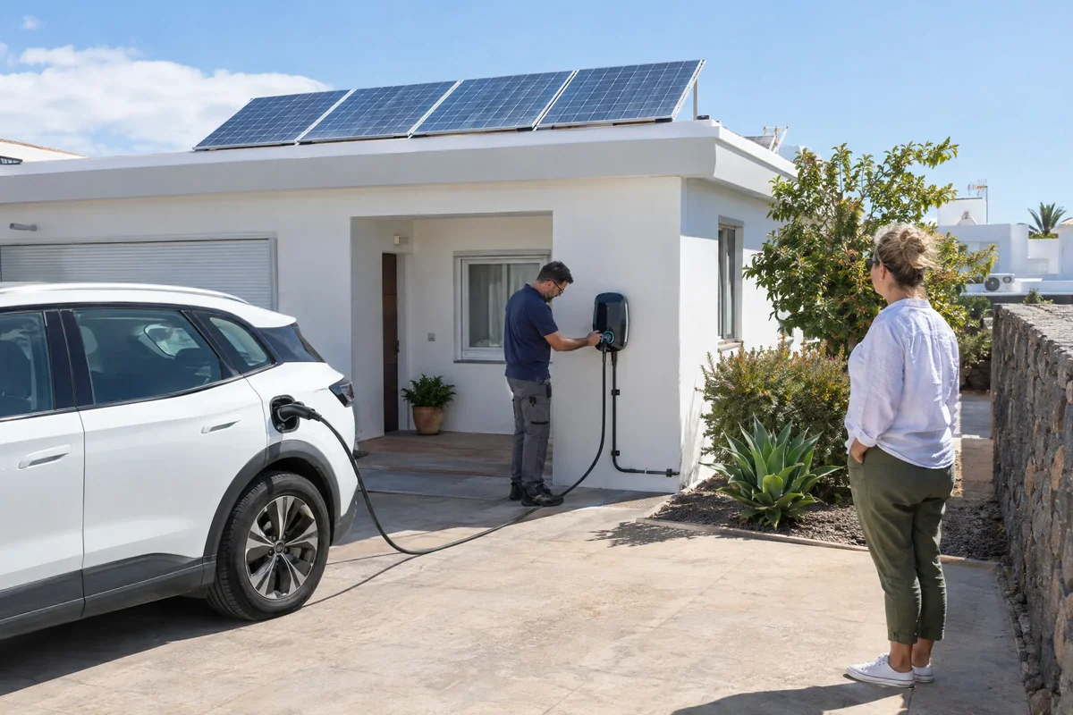 EV charge point and rooftop solar panels